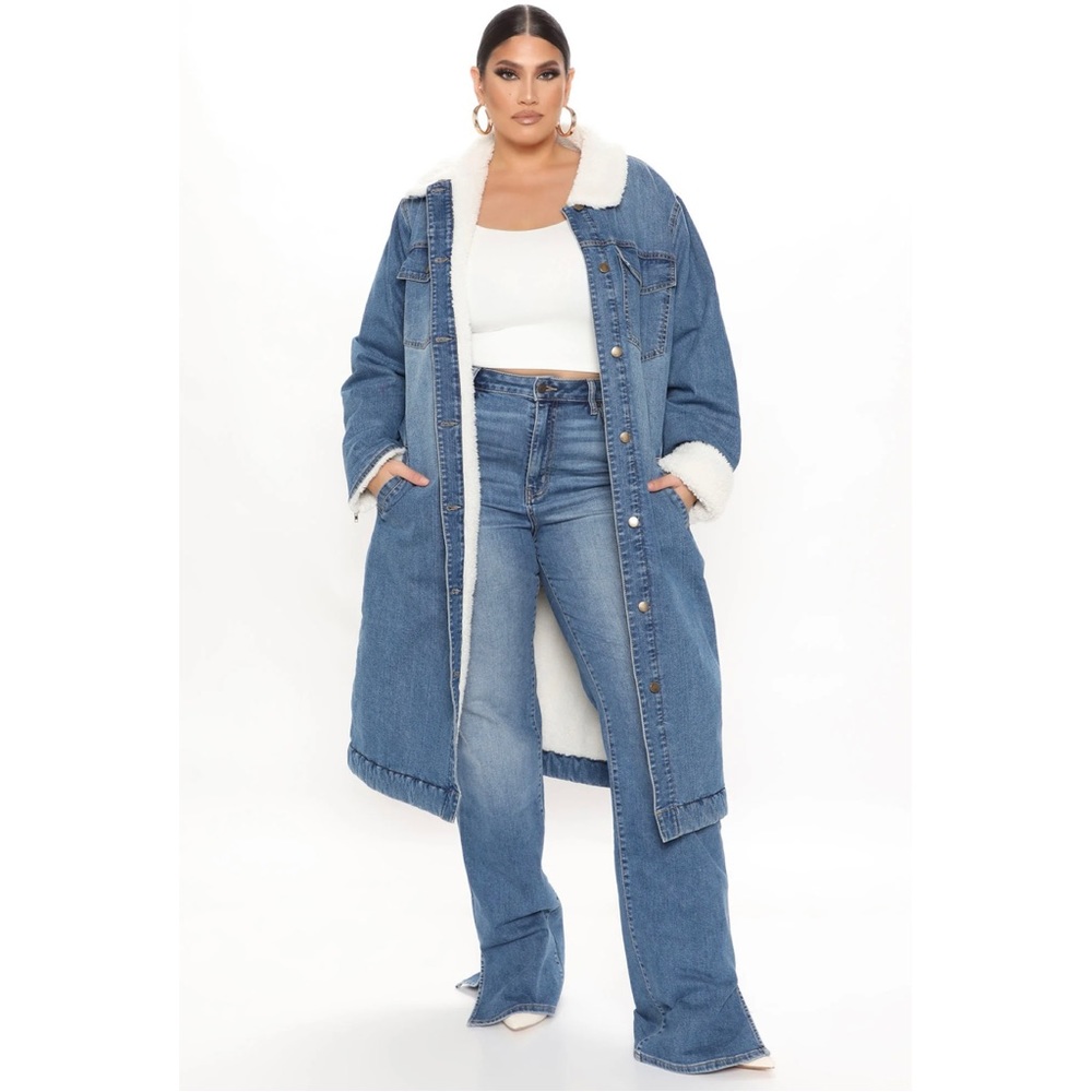 Longline sherpa lined denim coat jacket with zipper cuffs button down size XL